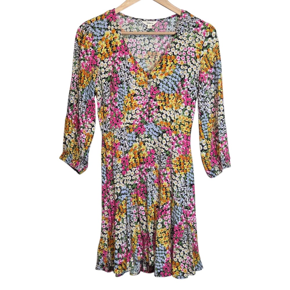 Takara Floral Print V Neck Mini Mini Dress Cottagecore Romantic Spring Womens S‎